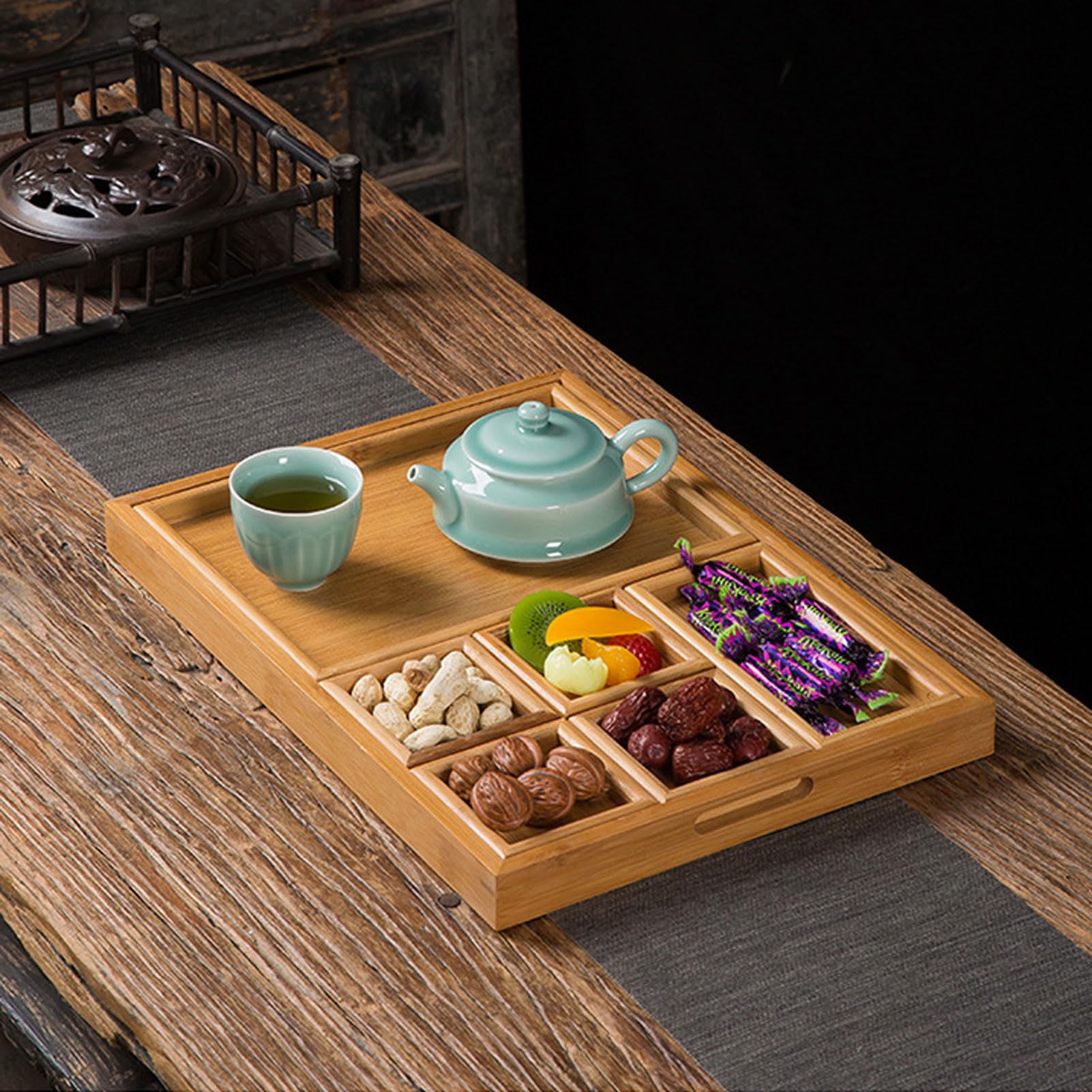 HUHJYUGE Plateau de Service en Bambou, Plateau À Collations en Bambou avec Compartiments, pour Fruits Secs, Bonbons, Noix, Desserts, Maison Ou Table À Thé (39x28x3.5cm)