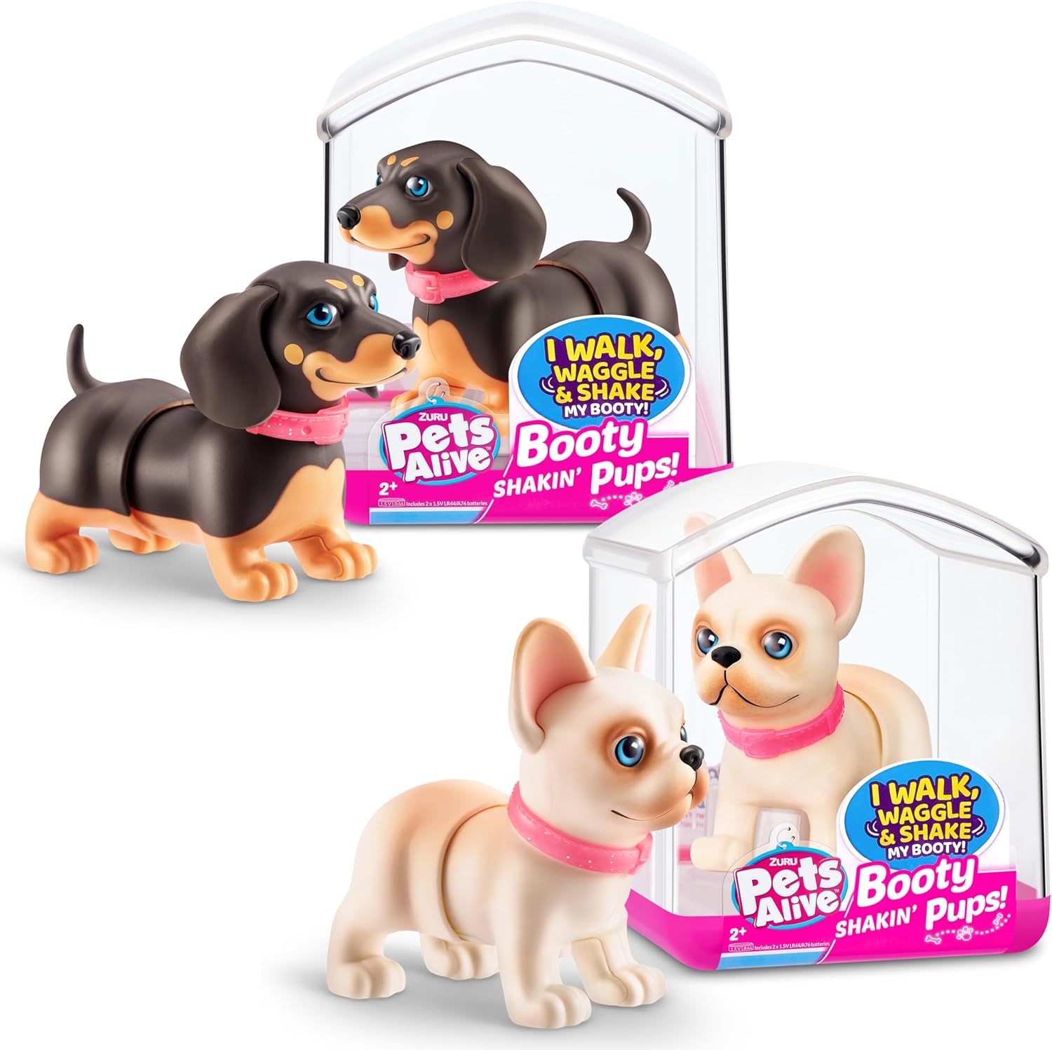 Pets Alive Booty Shakin' Pups (Frenchie & Dachshund) by ZURU 2 Pack Interactive Mini Dog Toys That Walk, Waggle, and Booty Shake, Electronic Puppy Toy for Kids and Girls