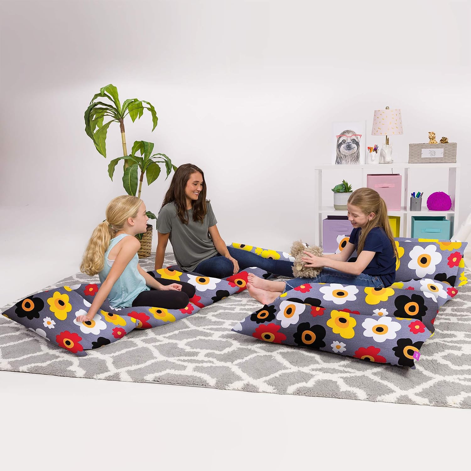 Kids Floor Pillow Cover - Premium Cushion and Lounger Covers for Pillows (King Pillows NOT Included) - Gifts for Teenage Girls, King Pillow Size, Canvas - Multi-Colored Flowers on Gray
