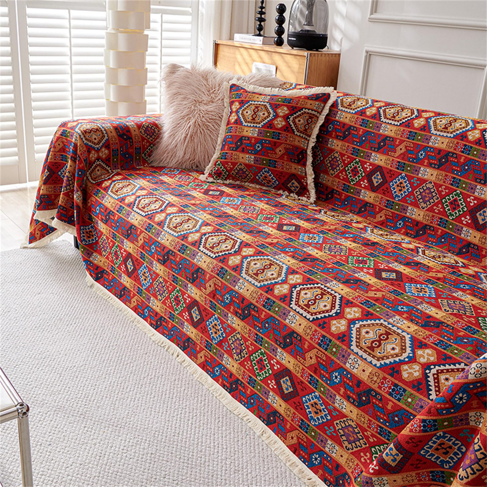 Highdi Throw for Sofa Large, European Style Retro Soft Blanket, Decorative Throw Blanket with Fringe, Sofa Throws, Versatile Travel Nap Blanket for Chair Settees Couch Sofa Bed (180x380cm,Bohemian)