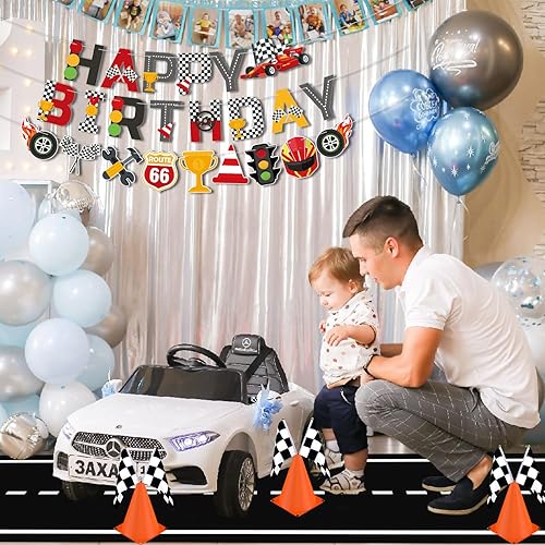 Miniatura 10 de Decoración de fiesta de carreras, incluye conos de tráfico, banderas a cuadros, mantel, globos, pancarta triangular, carreras, corredor, cupcakes,