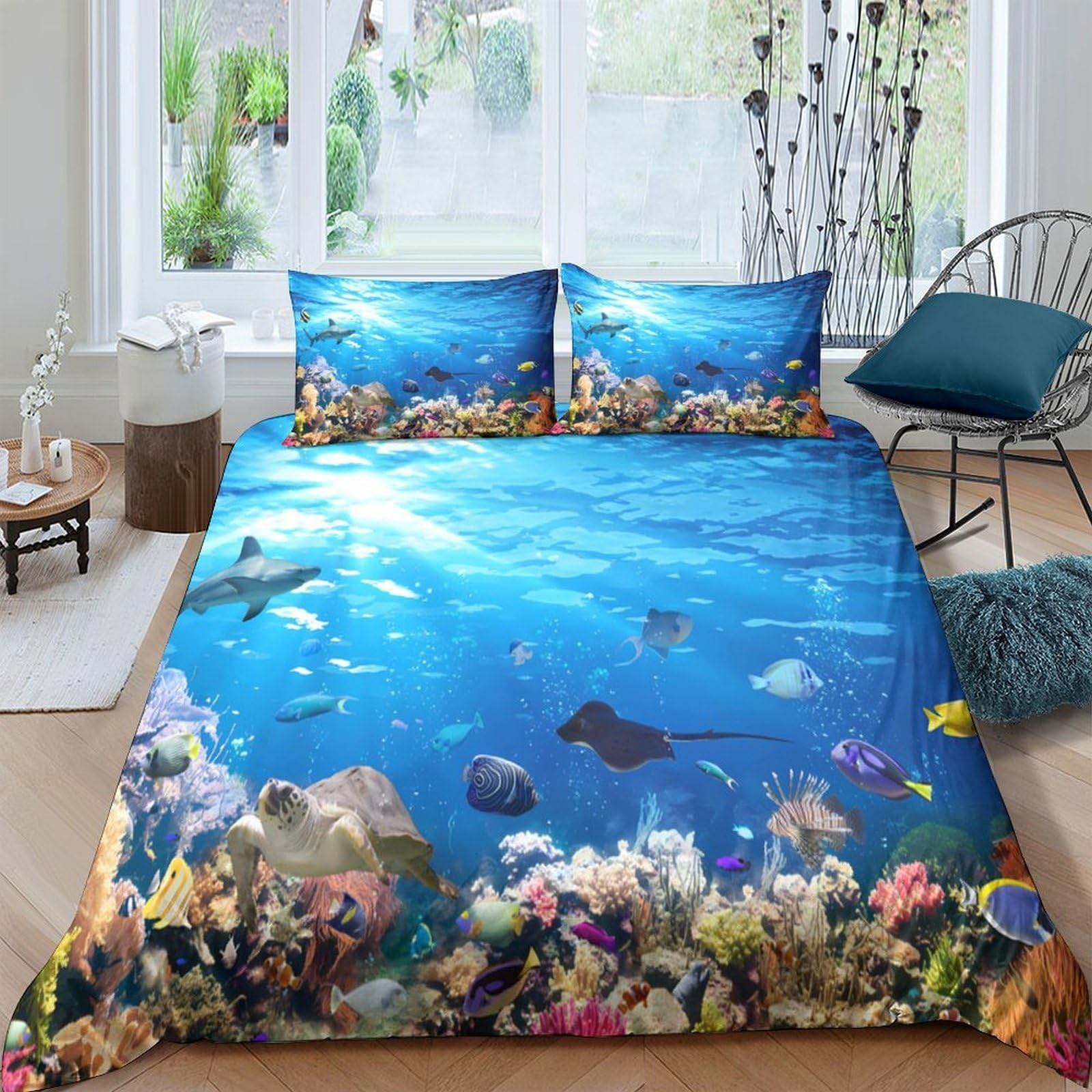 Ctjqhvkz Style-7 3D Printed Underwater Ocean Fitted Sheet Microfiber Soft Breathable Coral Reef Bed Cover For Bedroom Guest Room Mattress Protector Decor Single（135X200cm）