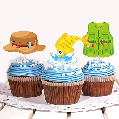 Miniatura 8 de 36 piezas de decoración para cupcakes de pesca, fiestas de pesca, para decoración de fiesta de cumpleaños de pescador, caña de pescar, temática para