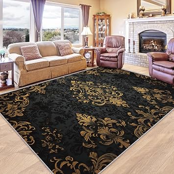 Damask Rug Runner - Oriental Damask Rug, 5x7 Rug, Black Gold Area Rug & Room Decor, Traditional Baroque Boho Carpet & Home Decor, Washable Non Slip Anti Skid Rugs