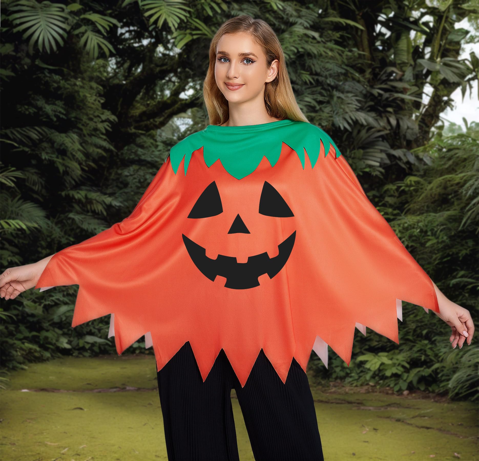 Glimnerize Halloween Pumpkin Dress Pumpkin Cape Women's Pumpkin Print Dress Smiling Poncho Costume Orange Cape Design Fun Eye-catching Carnival - Image 2