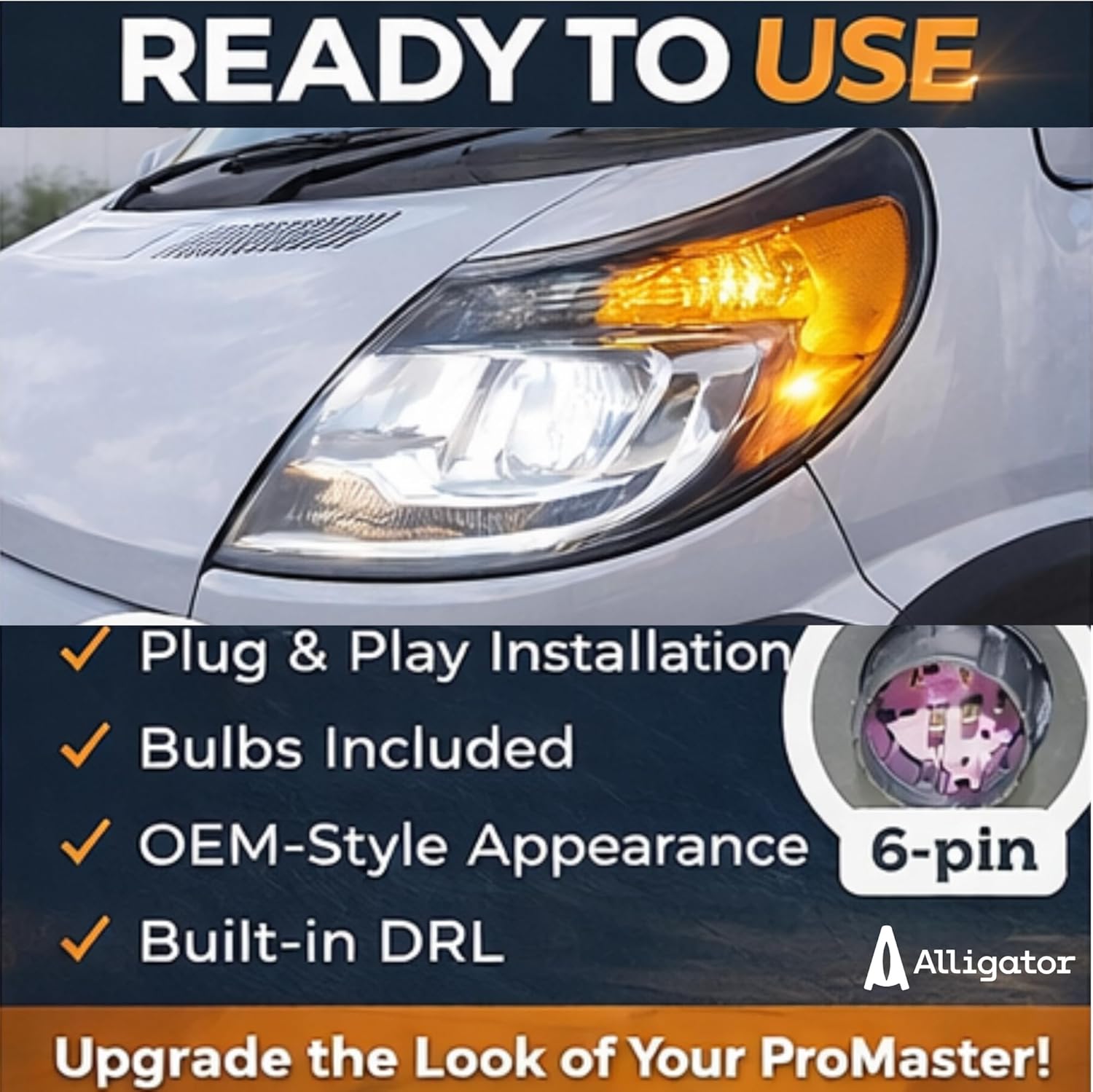 ALLIGATOR AUTO LIGHTS Headlight Assembly Replacement for Ram 2014-2022 ProMaster w/DRL & Bulbs for Left/Driver Side