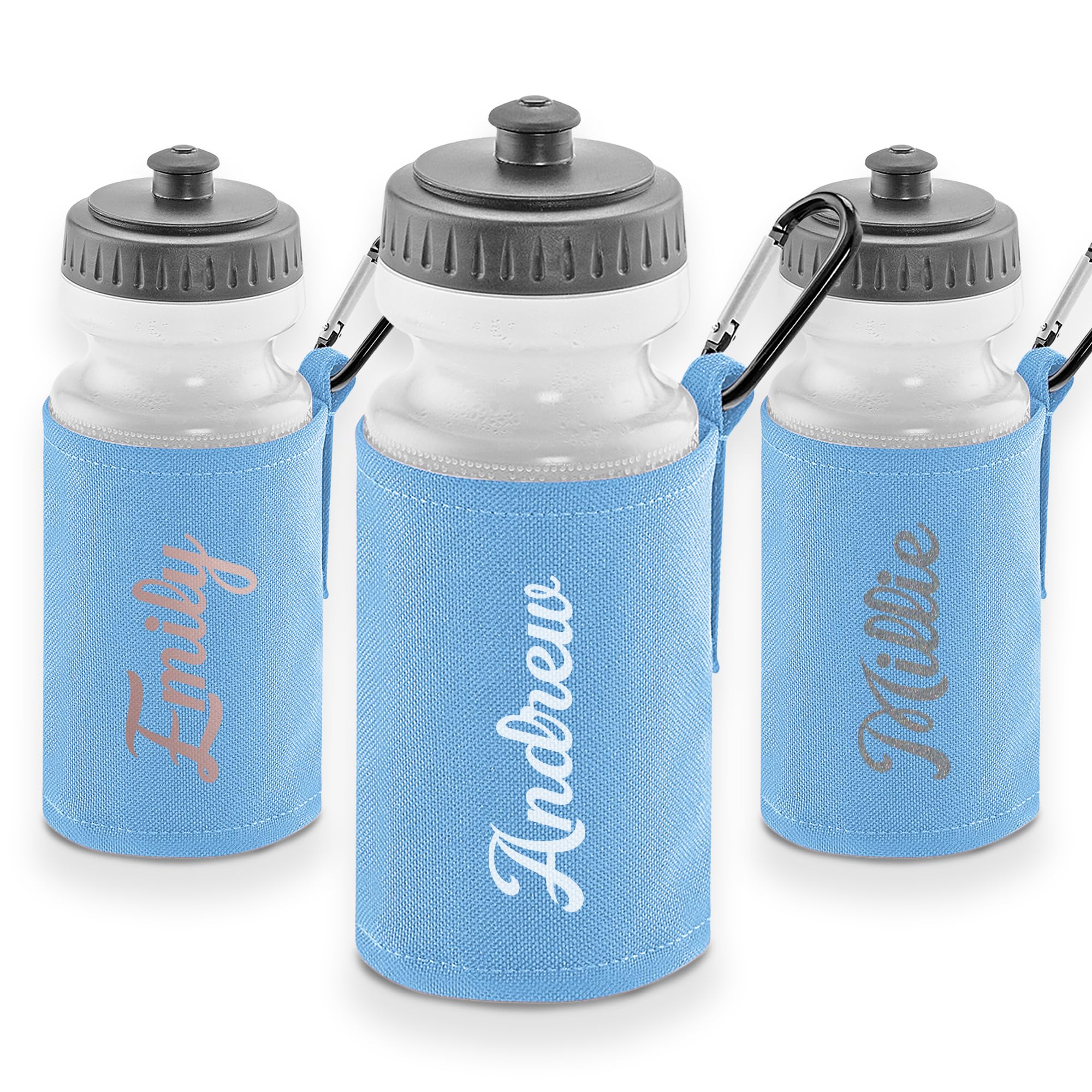 Personalised Name Water Bottle for Kids โ Stylish Text Design Sleeve โ 500ml BPA Free School & Sports Drinks Flask with Protective Cover and Clip โ Reusable Gift for Boys & Girls โ 9 Colours