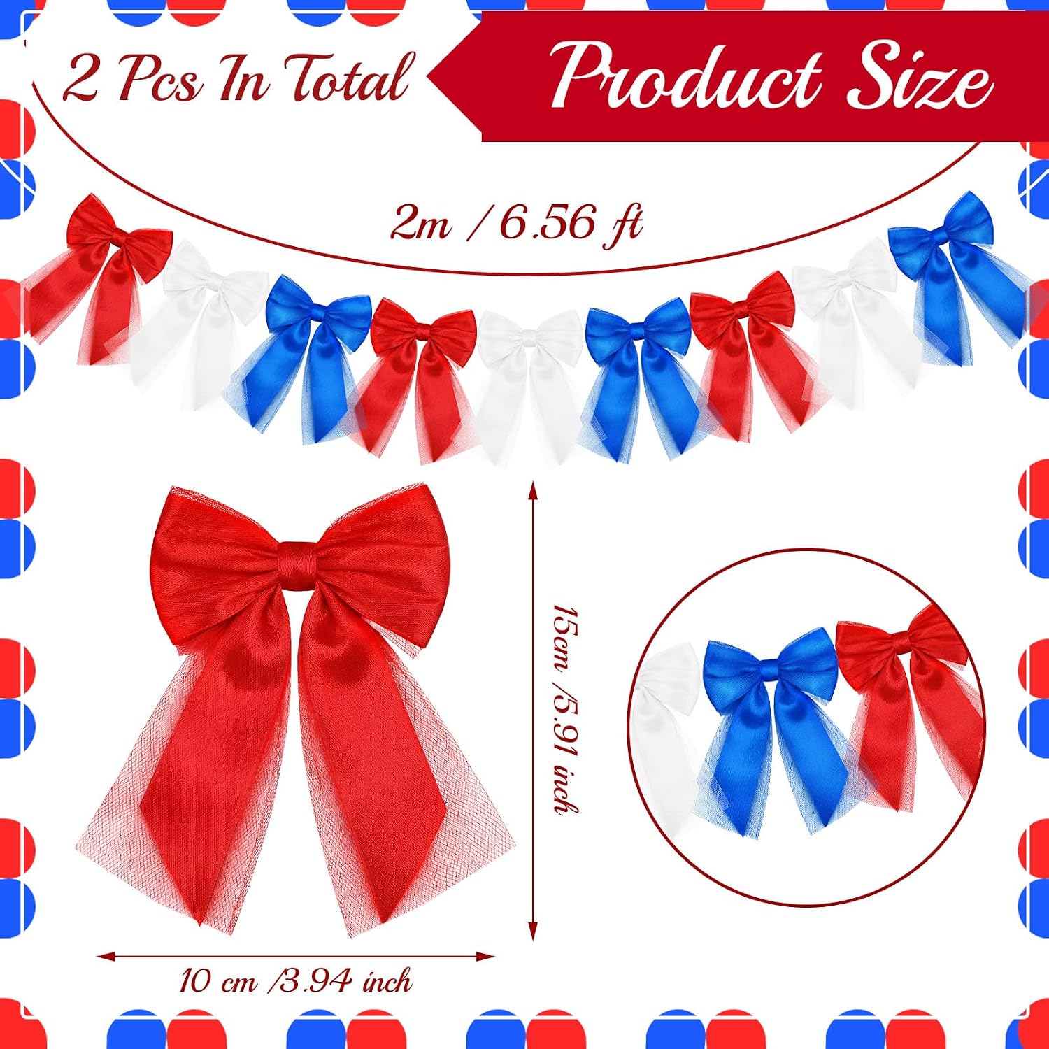 Flutesan 2 Pack 4th of July Patriotic Bow Garland Decorations 13.12 ft Red White Blue Garland Tulle Satin Bows Banner for 250th Anniversary Independence Memorial Day Mantel Fireplace Party Decor