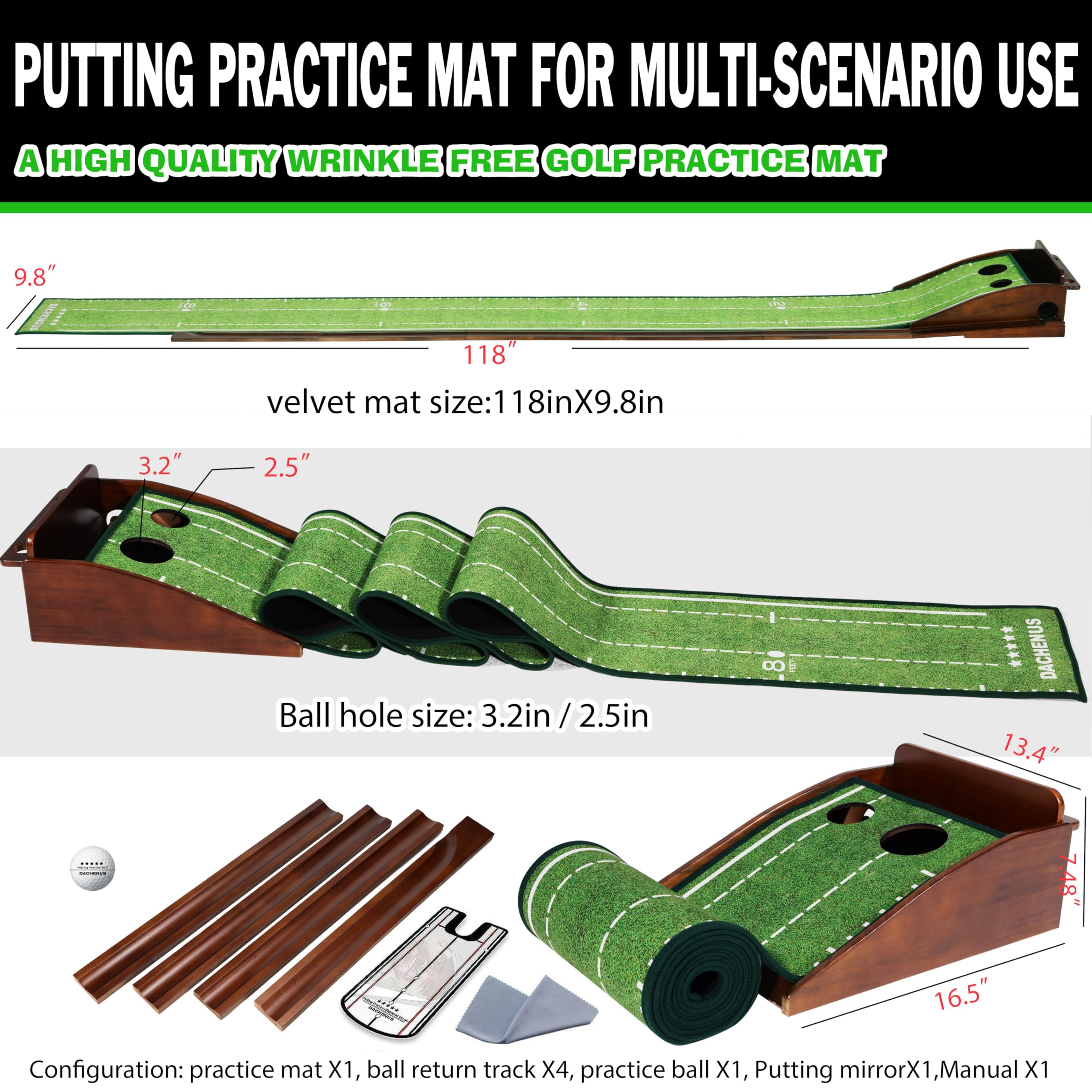 Dachenus Putting Green Putting Set de Espejos, Tapete de Golf XL, Verde, Terciopelo y Caucho, 2 Holes, Plegable para Golfistas