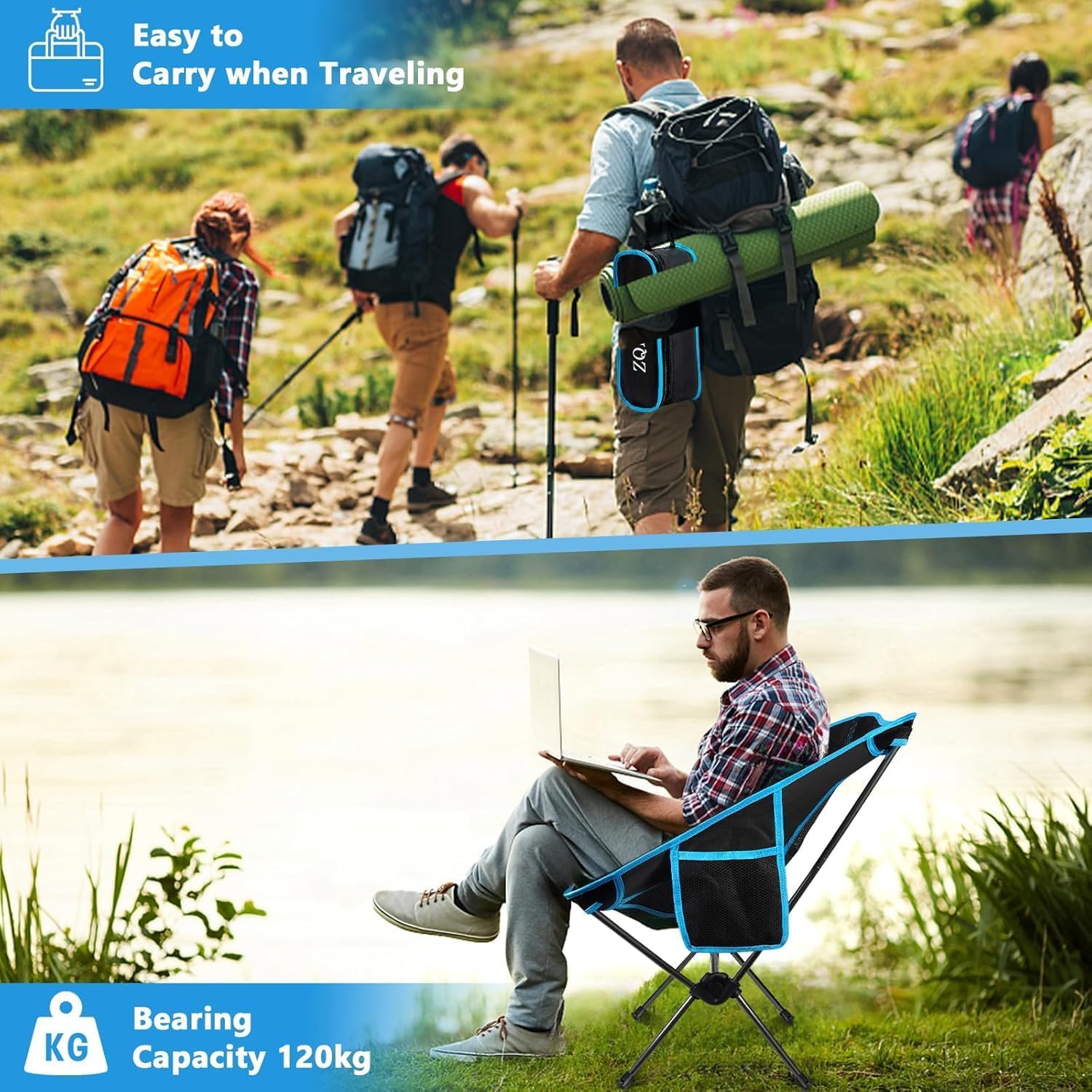 Sedia Campeggio Pieghevole, Leggera Sedia da Campeggio, Max Portata 120kg, Sedia Compatta da Esterno con Borsa da Trasporto Sedie Campeggio per Esterni, Picnic, Spiaggia, Giardino, Pesca