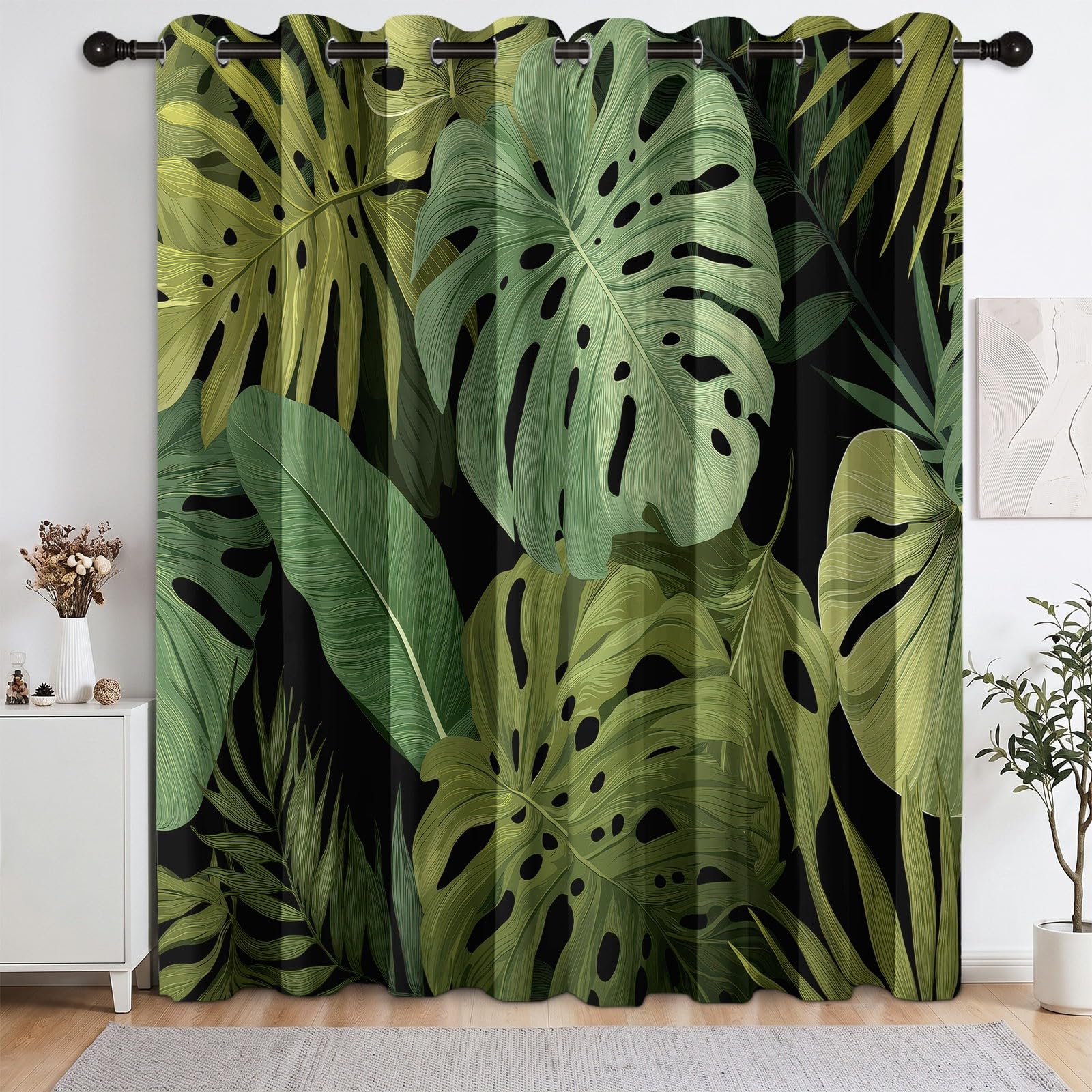 117 x 229 cm, zestaw 2 termicznych zasłon zaciemniających Tropikalna dżungla, rośliny monstera zachwycające, izolowane zasłony okienne, tłumiące hałas i światło, miękka i elegancka tkanina do salonu