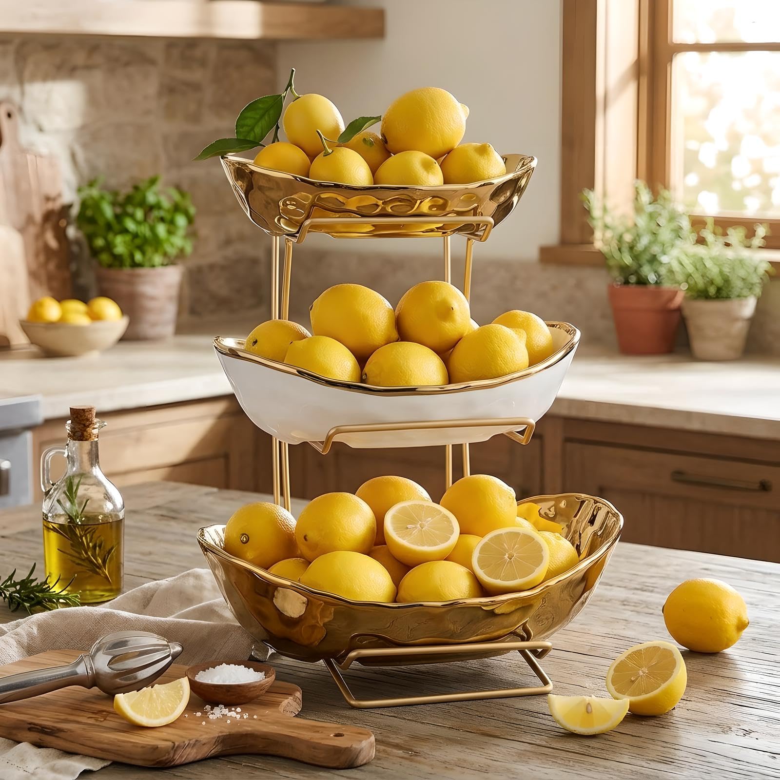 Ciotola per frutta a 3 livelli con supporto in metallo dorato, ciotola per frutta in ceramica per casa, feste, cucina, bancone, per snack, caramelle, pane (dorato))