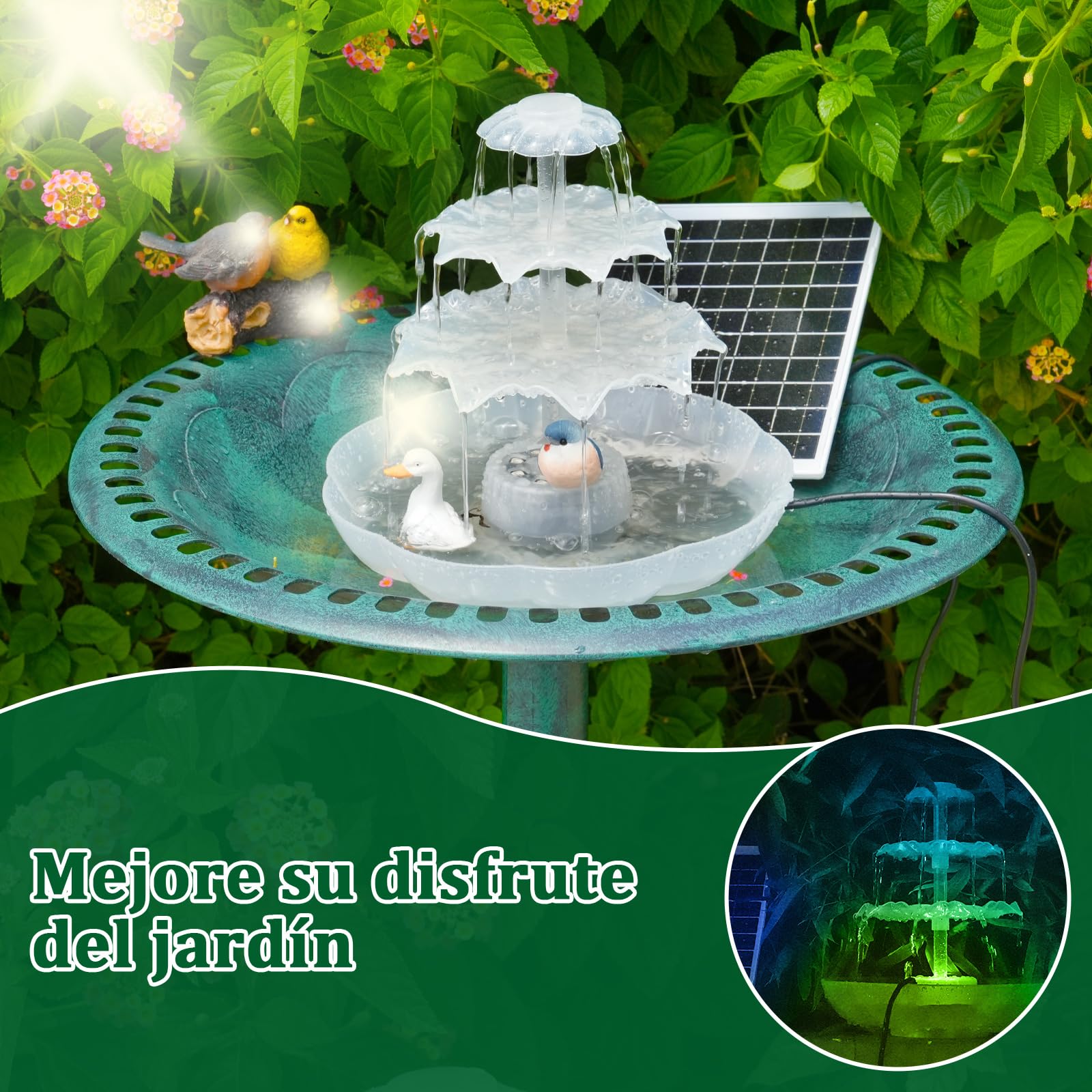 AISITIN Fuente Solar LED 6.5W con Batería, Baño para Pájaros | Batería 1800mAh Comedero 3 Niveles Desmontable Para Jardín Estanque Blanco