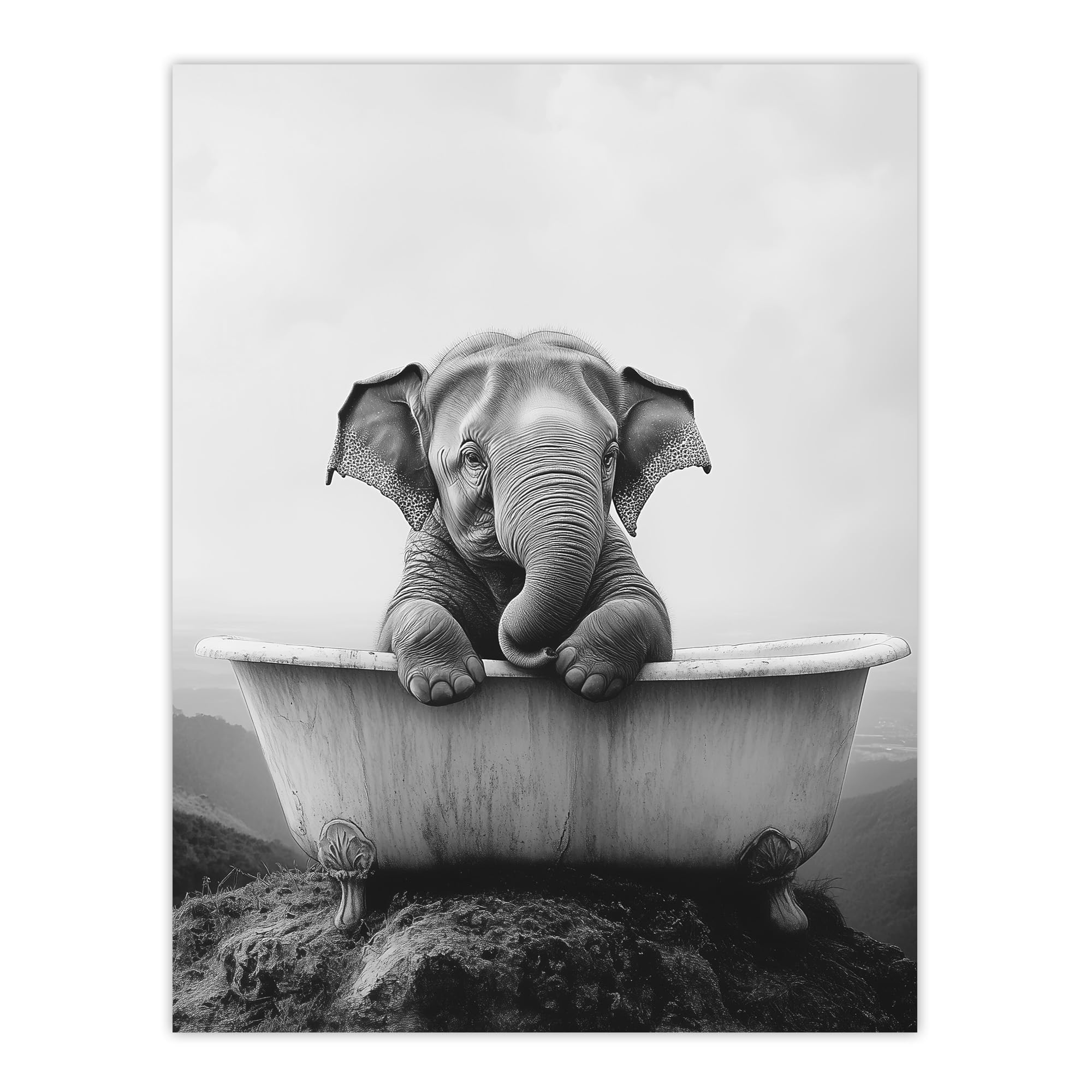 Artery8 Cute Baby Elephant In Bathtub Black White Surreal Bathroom Toilet Large Wall Art Poster Print Thick Paper 18X24 Inch