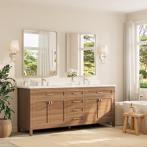 Miniatura 262 de TETOTE Espejo con marco dorado cepillado de 48 x 24 pulgadas, espejo de tocador de baño de latón para pared, moderno espejo rectangular de esquina