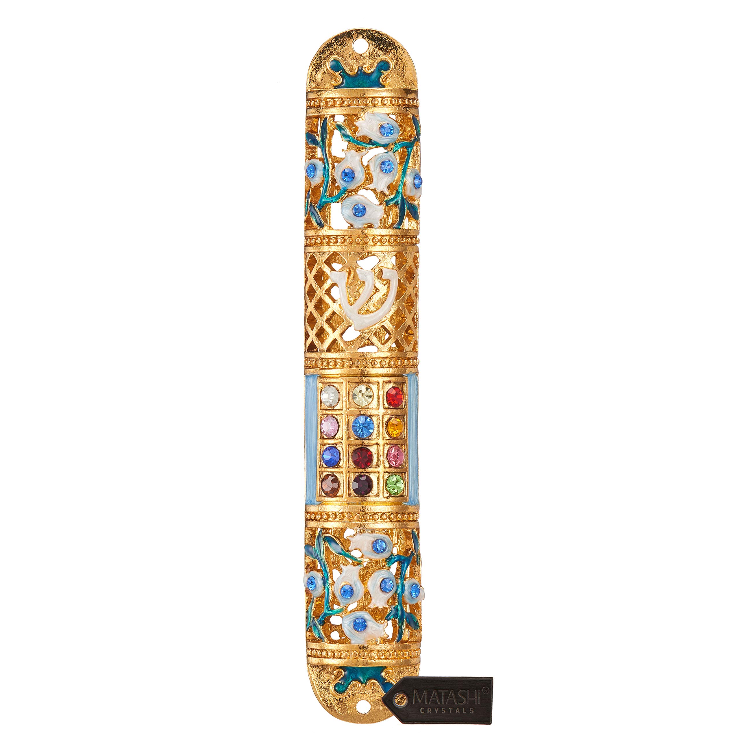 Matashi Hand Painted Enamel Mezuzah Embellished with Multi Colored Crystals and a Floral Design with Gold Accents Home Door Wall Decor Housewarming Present Gift for Festival(6 inch)