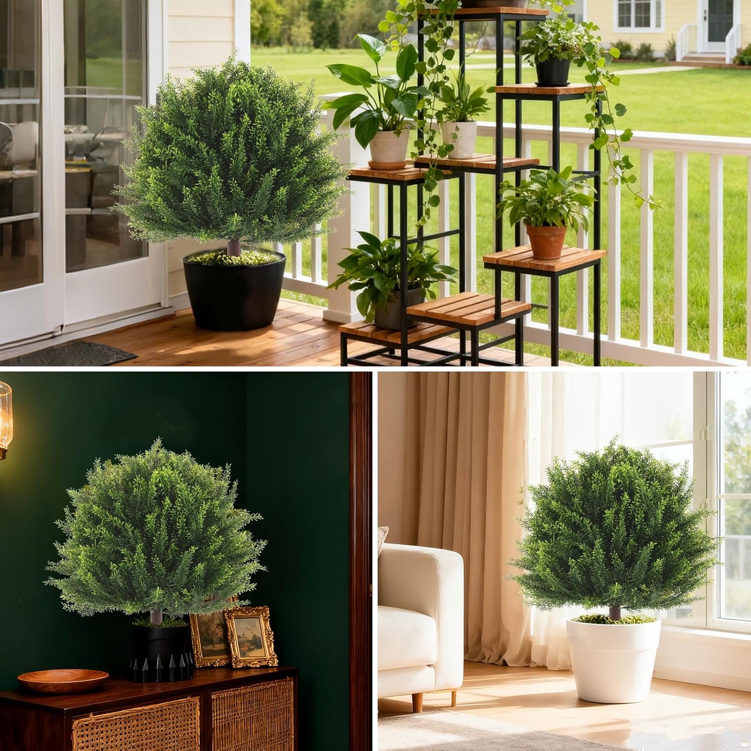 24.2" Outdoor Artificial Plants Topiary Trees - UV Resistant Faux Greenery Fake Shrubs Bushes for Front Porch Home Garden Patio Decor with Ground Spike