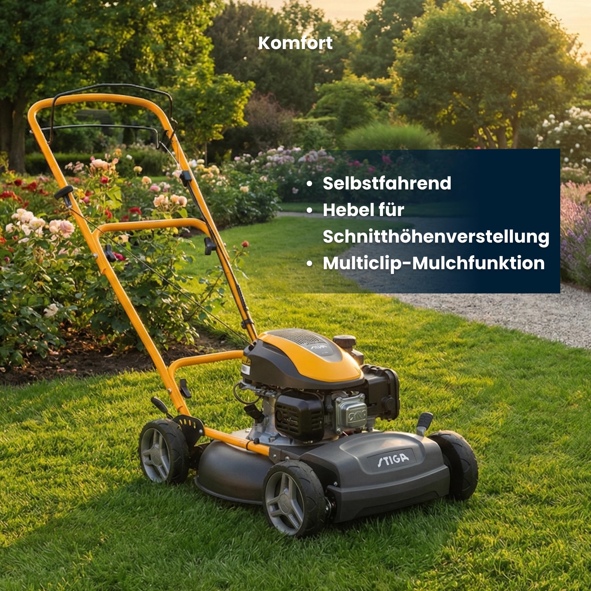 STIGA Multiclip 47 S Benzin-Rasenmäher, selbstfahrender Mulchrasenmäher mit 123 CCM Motor, 45 cm Schneidwerk, 5 Schnitthöhen, ergonomisch klappbarer Handgriff