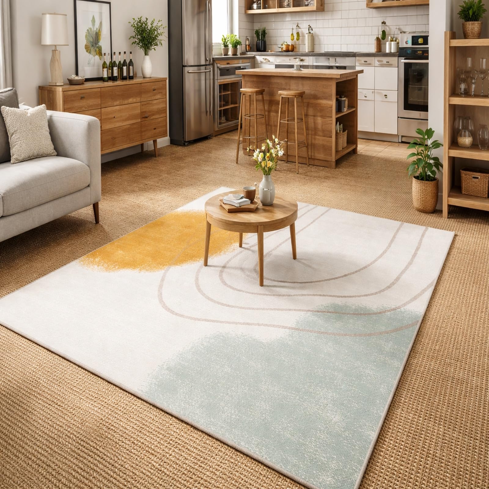 Tapis de chambre abstrait jaune 120x180 pour une salle à manger lumineuse