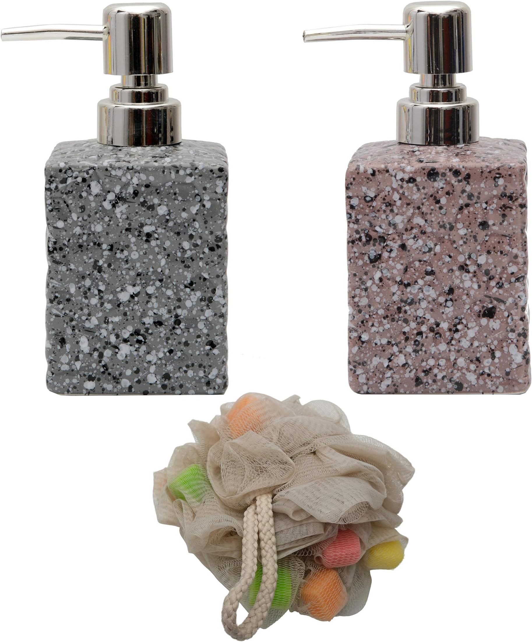 Store2508 Ceramic Liquid Soap Dispenser, Pack of 2 with free bath loofah, Multicolour (MB168A)