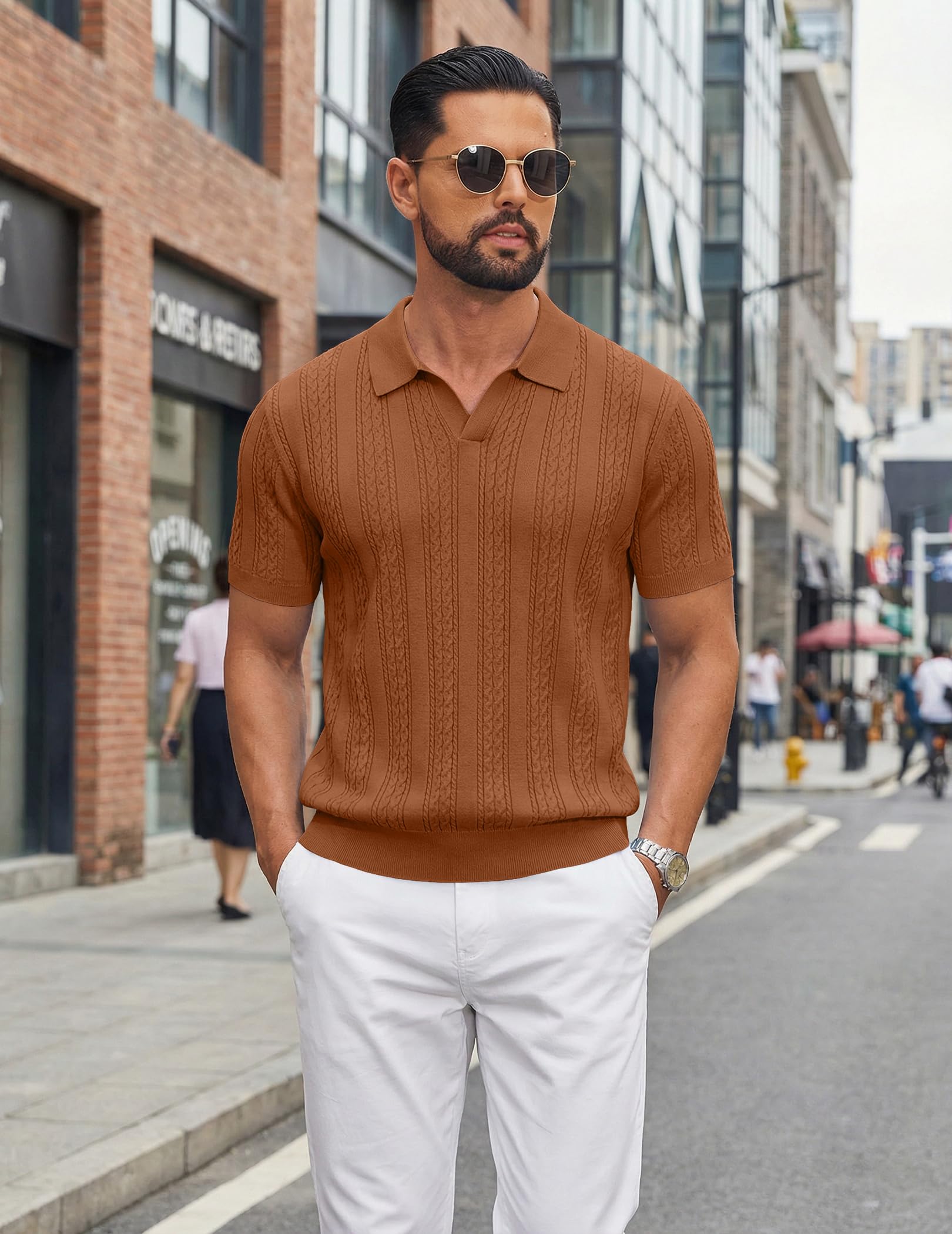 Coofandy Polo en Tricot pour Homme à Manches Courtes avec col en V Polo léger d'été décontracté texturé