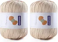 Pacote com 2 fios de ráfia para crochê, fio de algodão macio para crochê, bolsa de praia de verão, 228 jardas/fio de papel de fita de 100 g para iniciantes, bolsa de tricô manual DIY (bege)