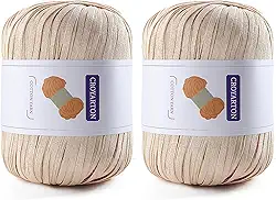 Pacote com 2 fios de ráfia para crochê, fio de algodão macio para crochê, bolsa de praia de verão, 228 jardas/fio de papel de fita de 100 g para iniciantes, bolsa de tricô manual DIY (bege)