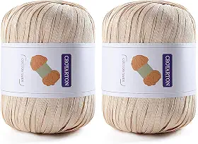 Pacote com 2 fios de ráfia para crochê, fio de algodão macio para crochê, bolsa de praia de verão, 228 jardas/fio de papel de fita de 100 g para iniciantes, bolsa de tricô manual DIY (bege)