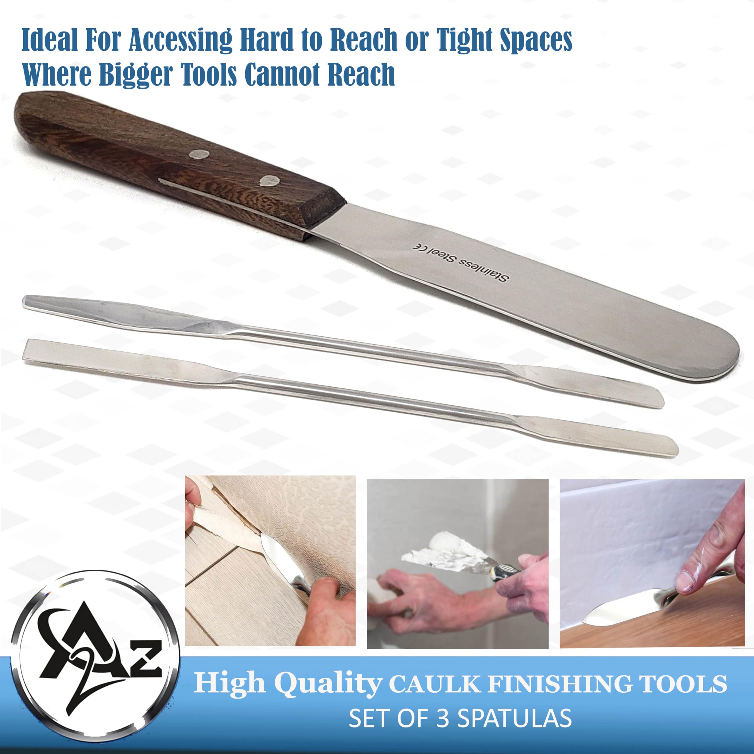 A2Z Scilab 3pc Two-Way Grout Caulk Finishing Tools Smoothing Stainless Steel Caulking Tool Scraper Spatula - Grout Sealer Applicator for Ceramic Tiles, Kitchen, Bathroom - Ergonomic Handle Grip