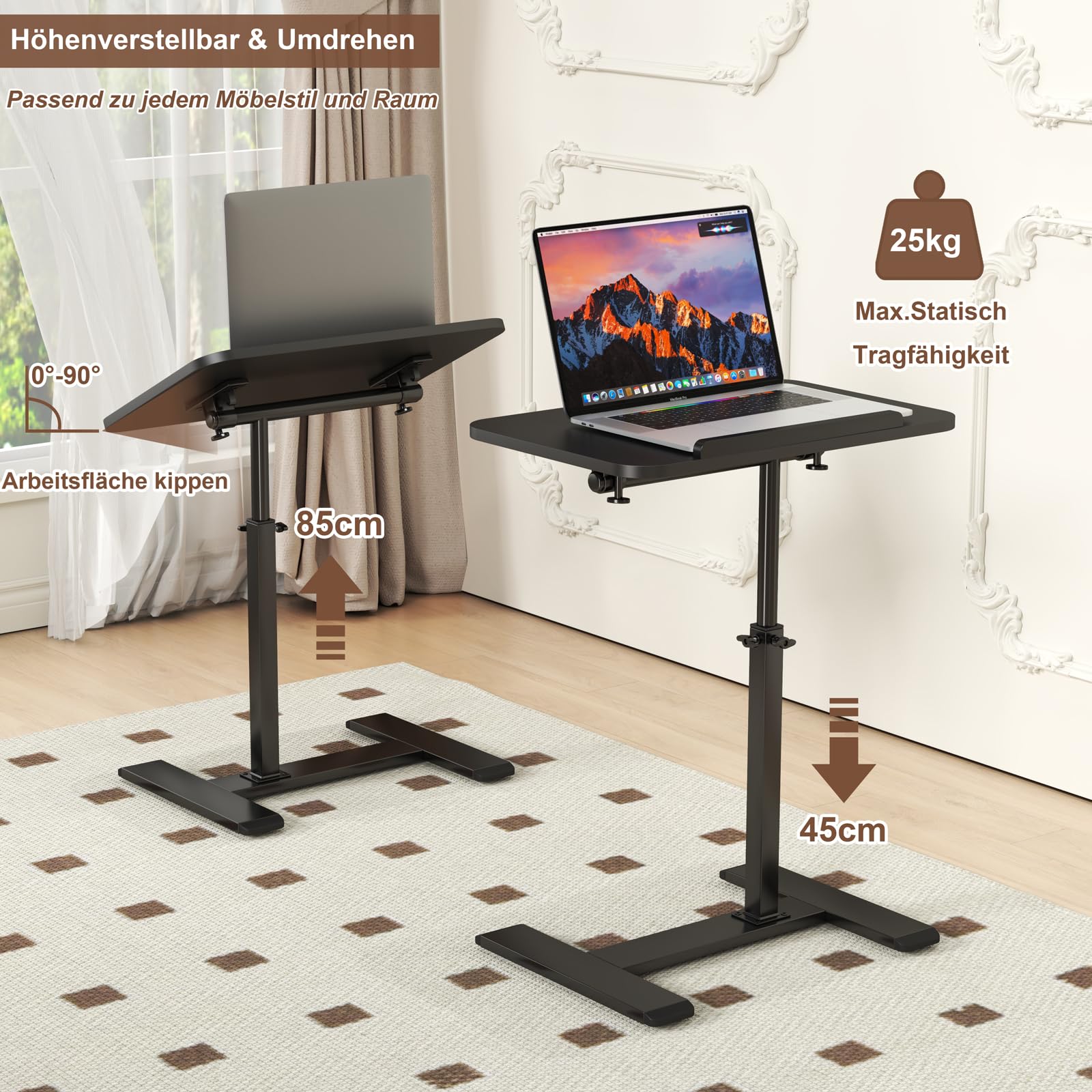 Mesa auxiliar en forma de C, altura ajustable, giratoria 360°, para ordenador portátil, mesa auxiliar, mesa de centro móvil, de madera, pequeña (negro)