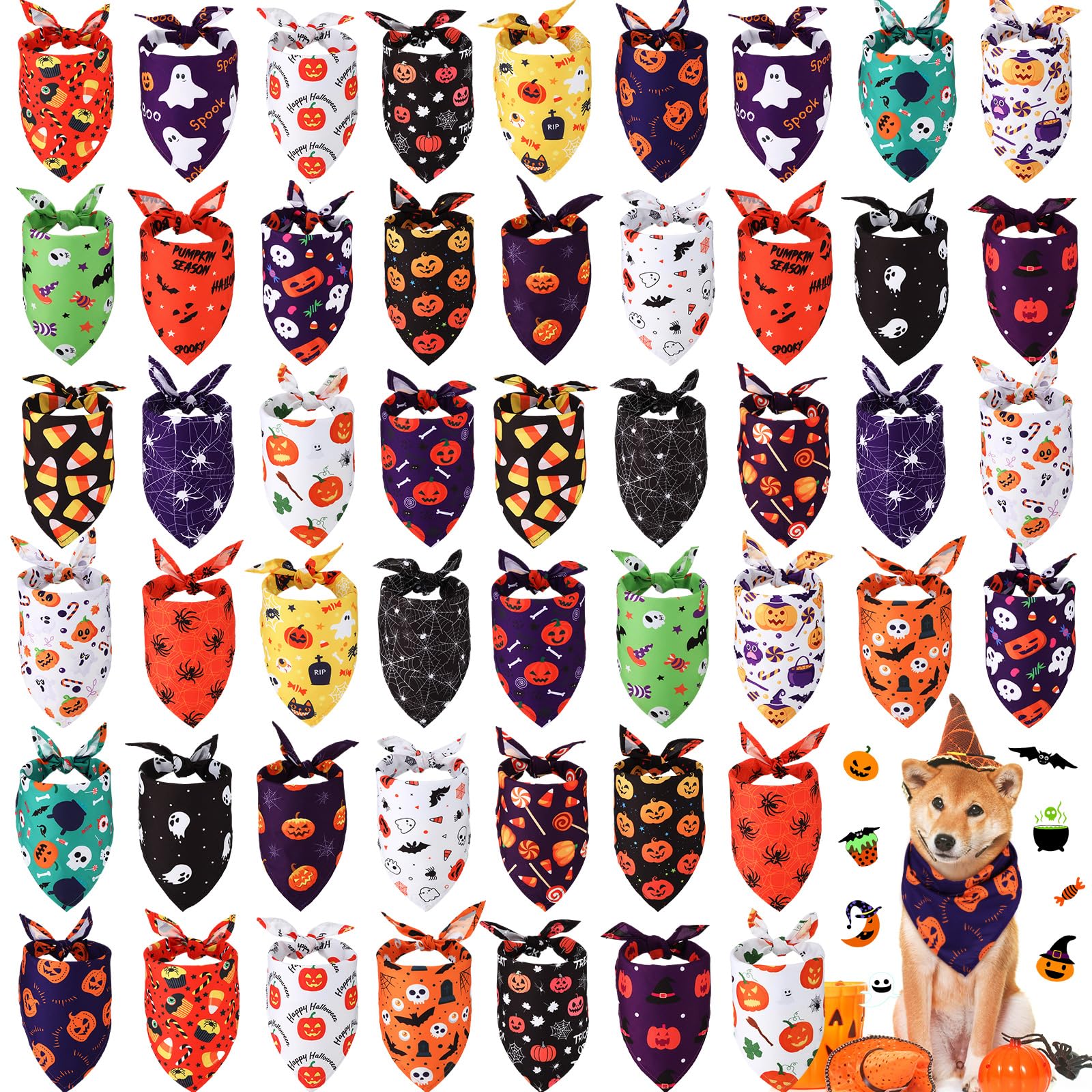 Silkfly 50 Pcs Halloween Dog Bandanas Bulk Triangle Dog Kerchief Set with Pumpkin Spider Pattern for Pet Costume Accessories(L)