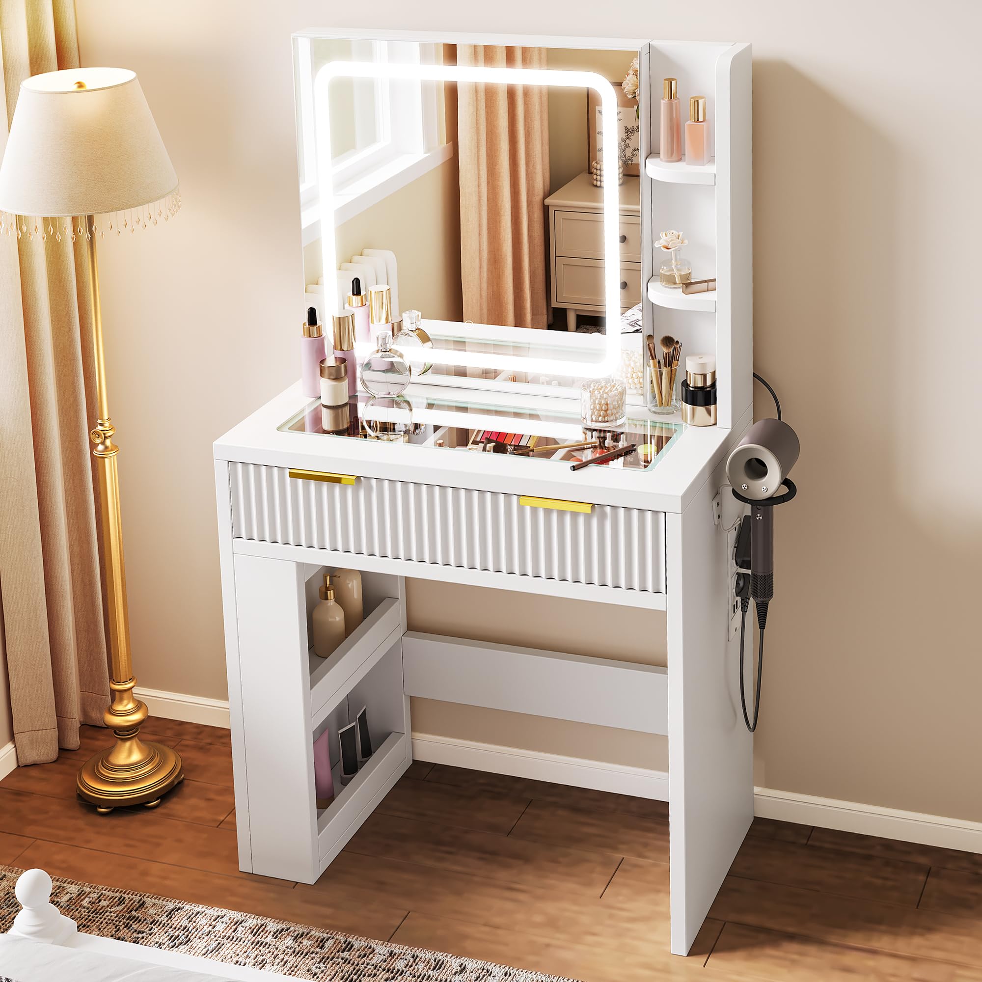 YITAHOME Schminktisch mit Verstellbarer LED-Beleuchtung und Steckdosen, Make-up-Tisch mit transparenter Glasplatte, Frisiertisch für das Schlafzimmer, 1 Schublade und 4 Fächer, weiß