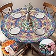Round Tablecloth Waterproof Fitted Boho Table Cloth Summer Fall Outdoor Circle Cover for 48 Inch 45-54" Table Dining Kitchen Apartment Essentials Picnic Camping Party Decor Housewarming Gift