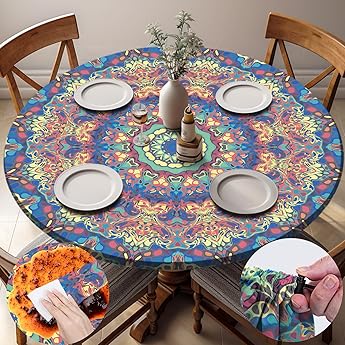 Round Tablecloth Waterproof Fitted Boho Table Cloth Summer Fall Outdoor Circle Cover for 48 Inch 45-54" Table Dining Kitchen Apartment Essentials Picnic Camping Party Decor Housewarming Gift
