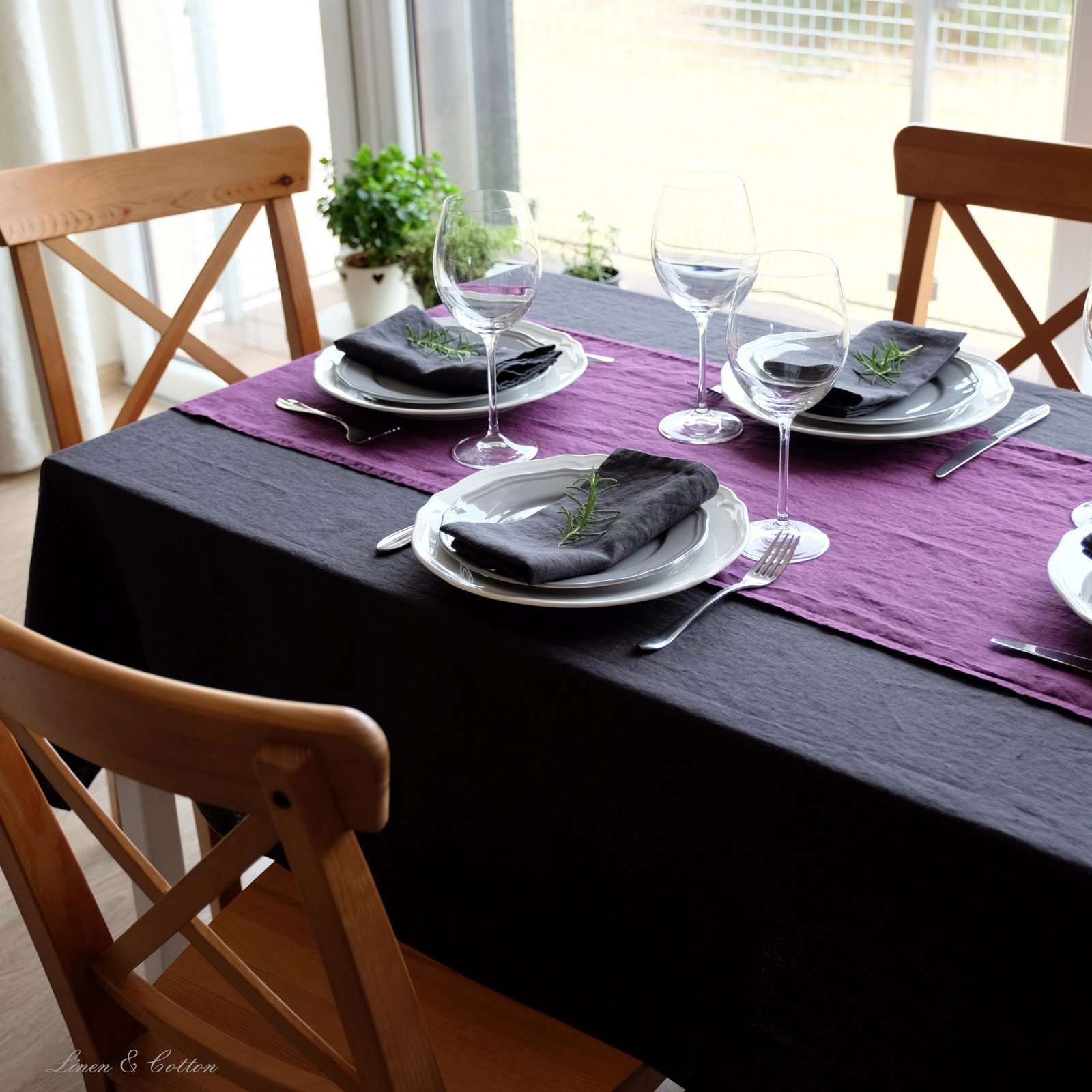 Linen & Cotton Tischdecke Stoff Tischtuch Decke Nordic - 100% Leinen, Schwarz (137 x 250 cm) Rechteckig Tischwäsche Einfach für Home Haushalt Haus Küche Dekoration Esstisch Restaurant Hotel Cafe Party