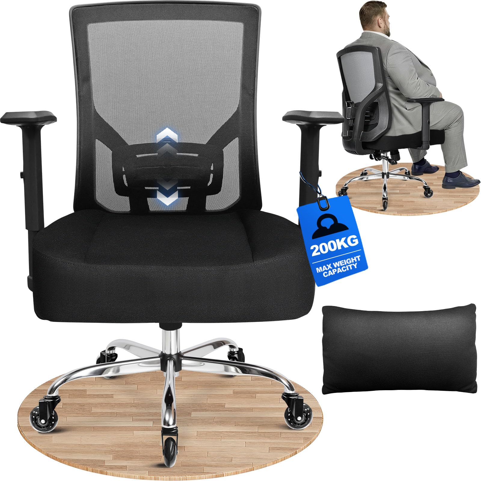 MELOKEA 440LBS 200kg Ergonomic Office Chair for Heavy People with Rubber Caster,Extra Wide Heavy Duty Chair XXL High Back Shoulder Relaxation, Spring Seat Ultra-Thick Big&Tall 90° - 130° Lock