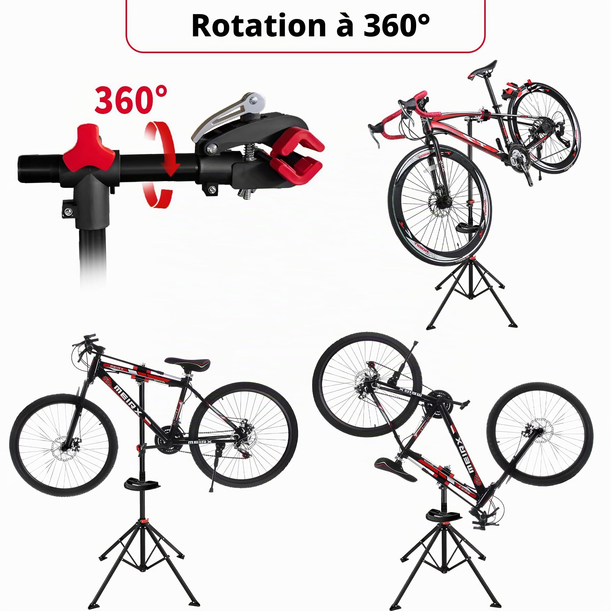 Pied d'Atelier Vélo Professionnel,Banc de Travail Réglable en Hauteur | Support de Réparation Pliable avec Plateau à Outils - Pince Pivotante à 360 Degrés - Pour la Plupart des Vélos
