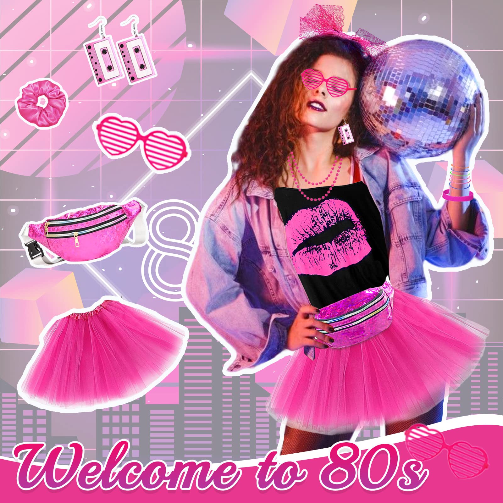 26PCS Deguisement Annee 80s Accessoire, Tenue de Soirée Disco Néon des Années 90s, T-shirt, Tutu, Bracelet, Sac Banane, Lunette, Bracelet, Colliers, Jambières, Tenu Année Thème Soirée Carnaval Femme