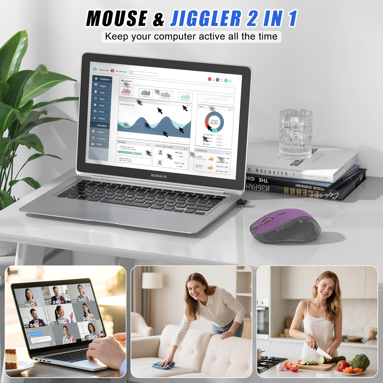 Wireless Mouse Jiggler - Ergonomic Bluetooth Mice with Mouse Mover for Keeps Computers Awake, 3 DPI Levels Rechargeable 2.4G USB-C Computer Mice for MacBook Air/Mac Pro/iPad/Laptop/PC, Purple
