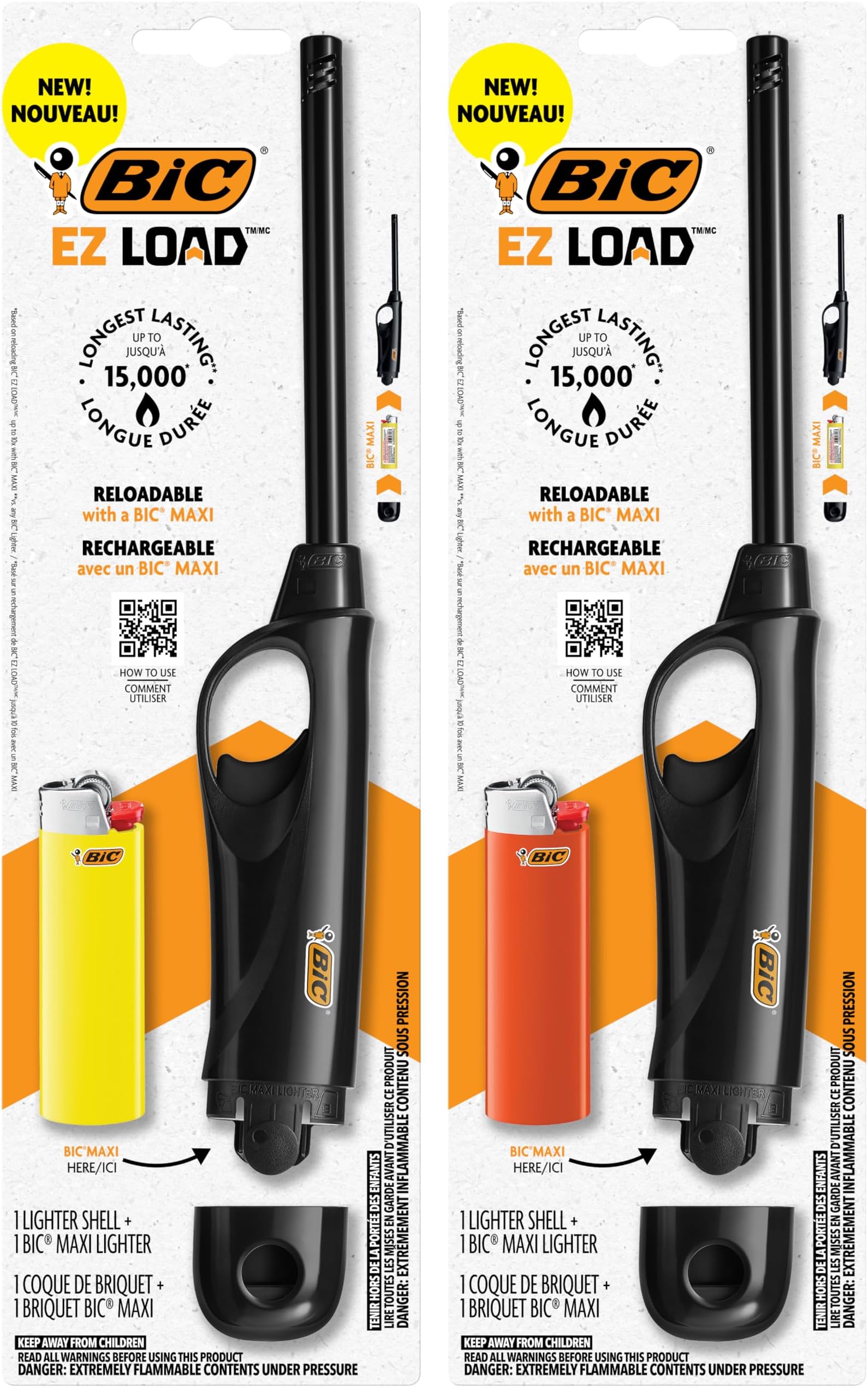 BIC EZ Load Lighter, Reloadable Multi Purpose Lighter, Great to Use Camping, Grilling and for Fireplaces, Pack with 2 EZ Load Long Shells and 2 BIC Maxi Pocket Lighters