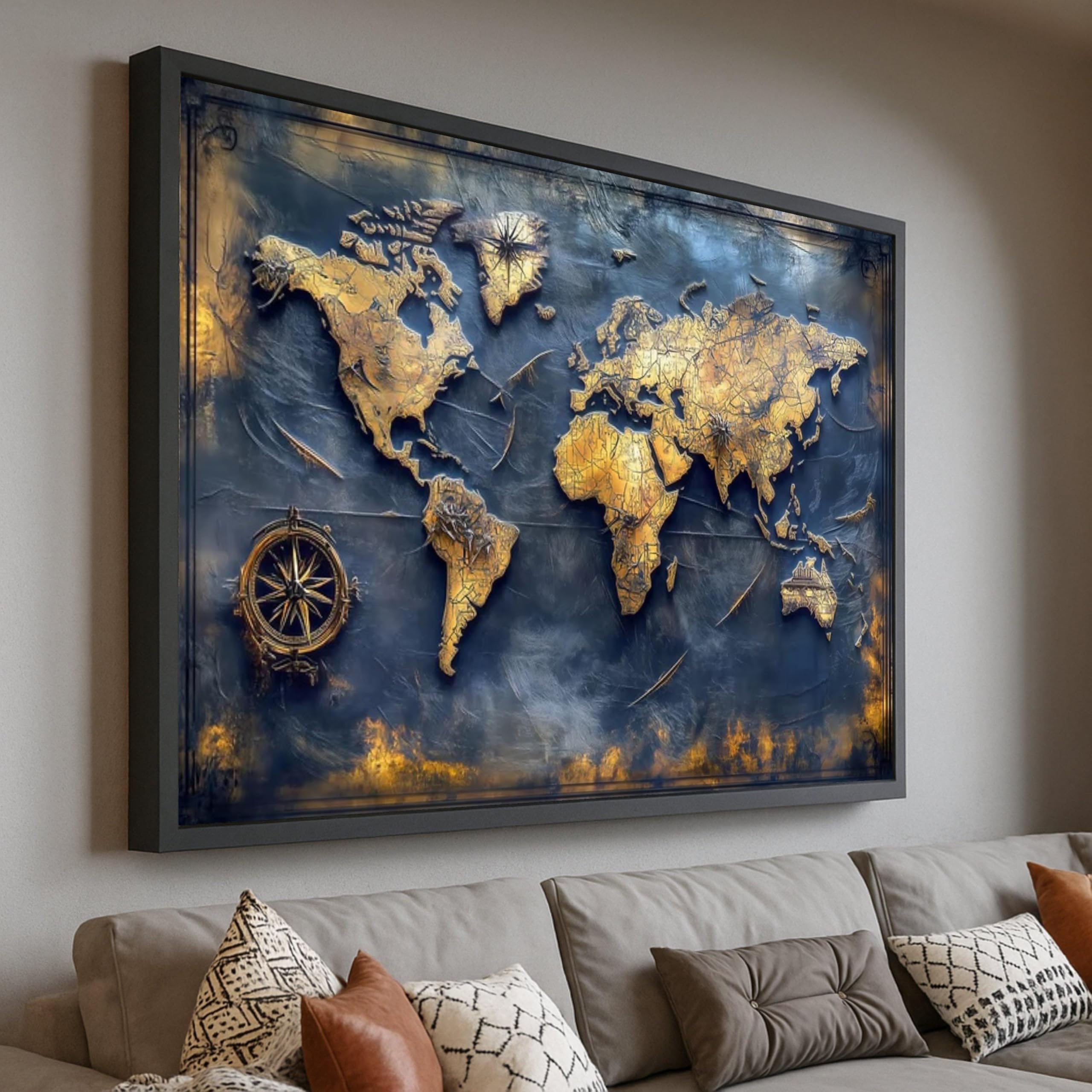 YUSUZHU Vintage-Landkarten-Leinwandbild, Karte im Antik-Stil, Wanddekoration mit nautischem Kompass, rustikales Reisebild, Dekoration für Zuhause oder Büro (50 x 75 cm/Innenrahmen)