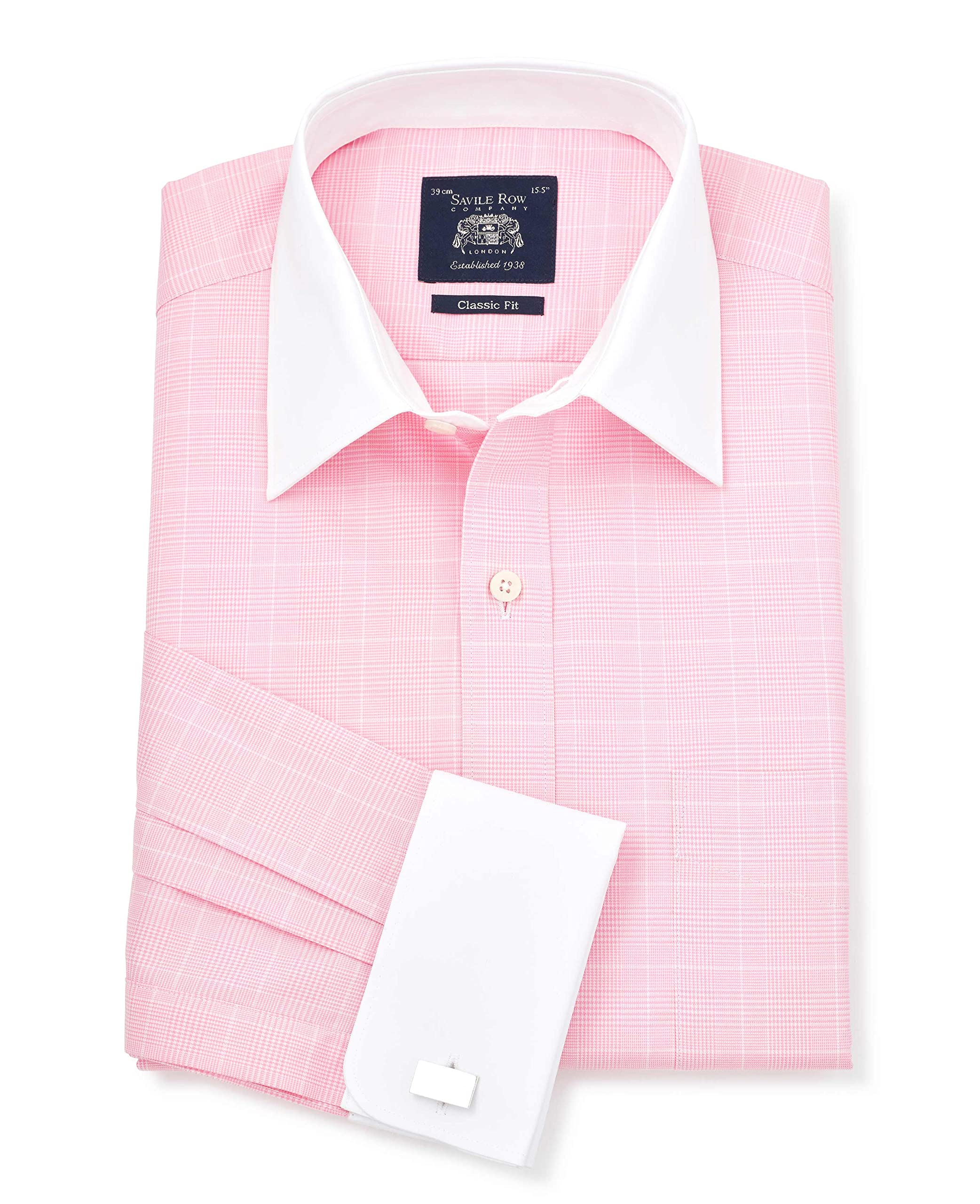 The Savile Row Company London Men's Pink Prince Of Wales Check Classic Fit Cotton Twill Formal Shirt - Double Cuff - 16.5" Collar - Lengthened