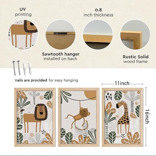 Miniatura 2 de YWJKWLGS Decoración de pared de safari para bebé, 16 x 11 pulgadas, juego de 3 bonitos carteles de estampado de jirafa, mono y león, marco de madera