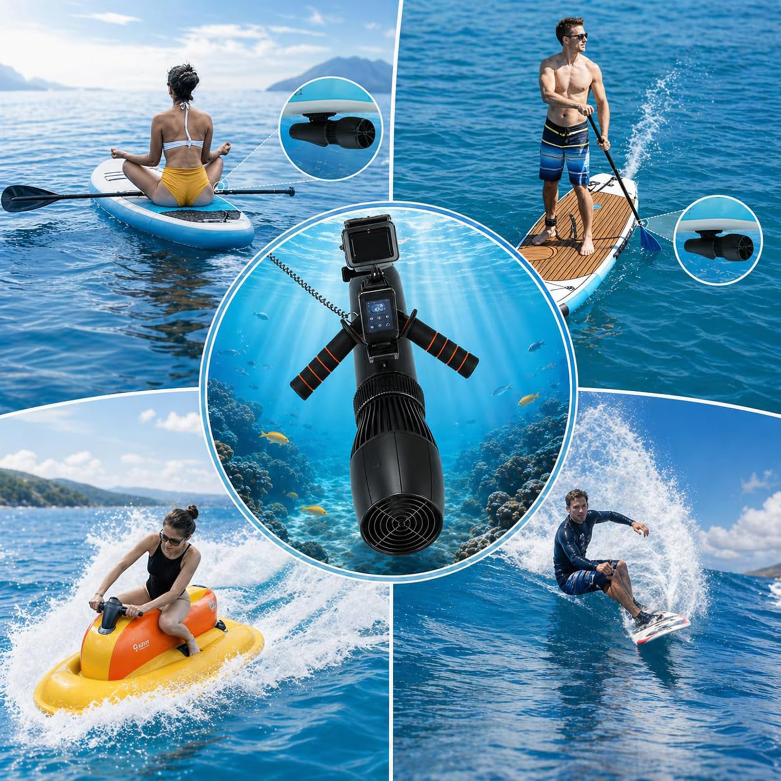 Patinete Eléctrico Submarino de 500 W, 10 Velocidades, 3-7 Km/H | Motor Acuático Brushless, Batería 16000mAh Autonomía 180-60 min, 30 m de Profundidad para Buceo y Esnórquel, Fácil Manejo