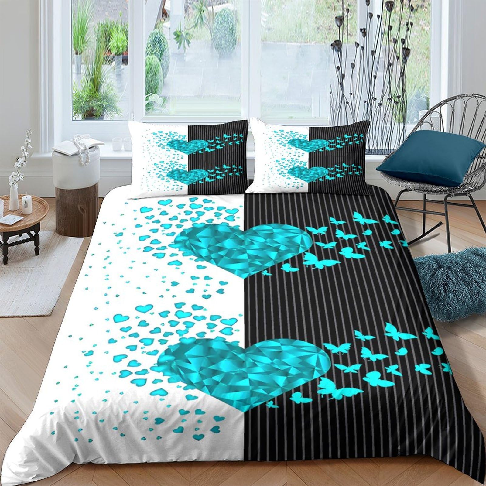 GPLZQXKJNH 3D Printed Blue Heart Butterfly Duvet Cover Microfiber Soft Breathable Black White Quilt Cover Set with 2 Pillowcases for Bedroom Décor Single（135x200cm）