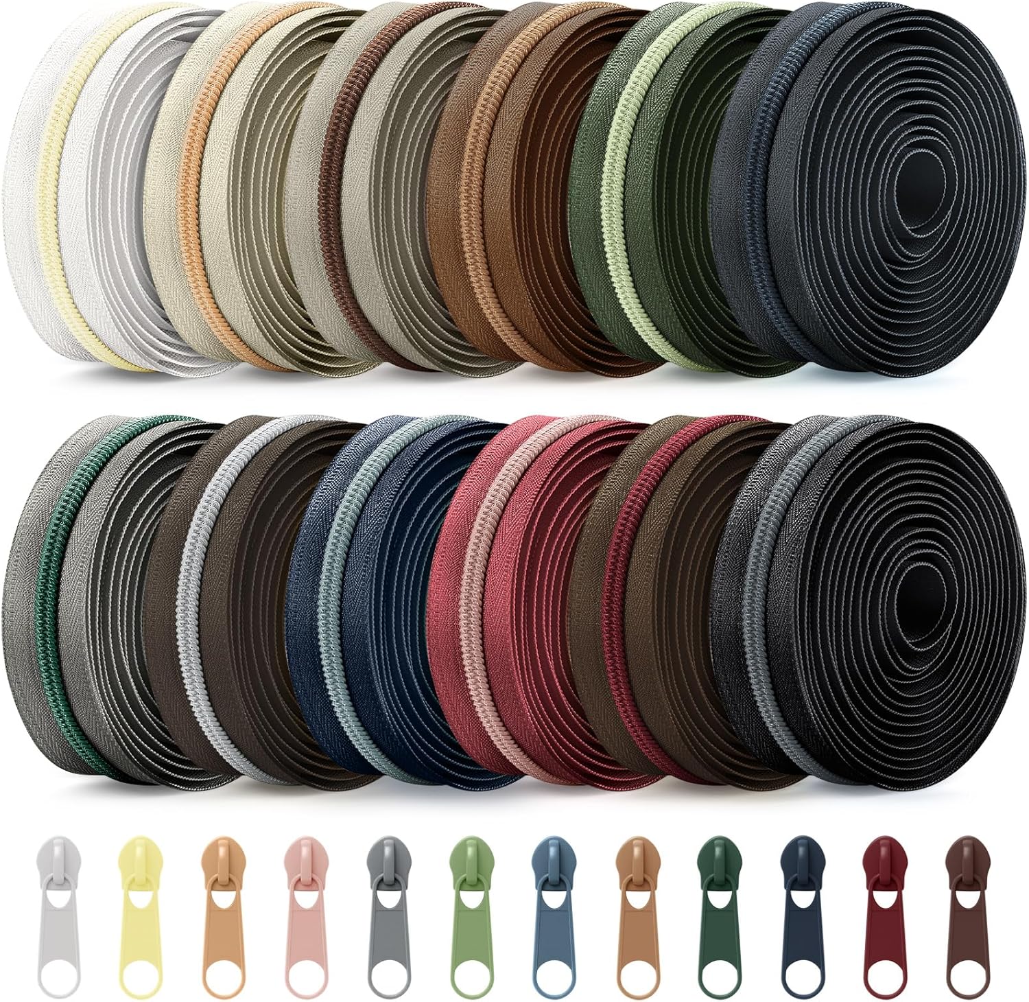 Solsew 12 Pcs 36 Yards Colourful Zippers for Sewing #5 Nylon Contrasting Colors Assorted Zipper by the Yard with 120 Sliders for Women Men DIY Tailor Bag Garment Crafts Supplies(Dark Color)