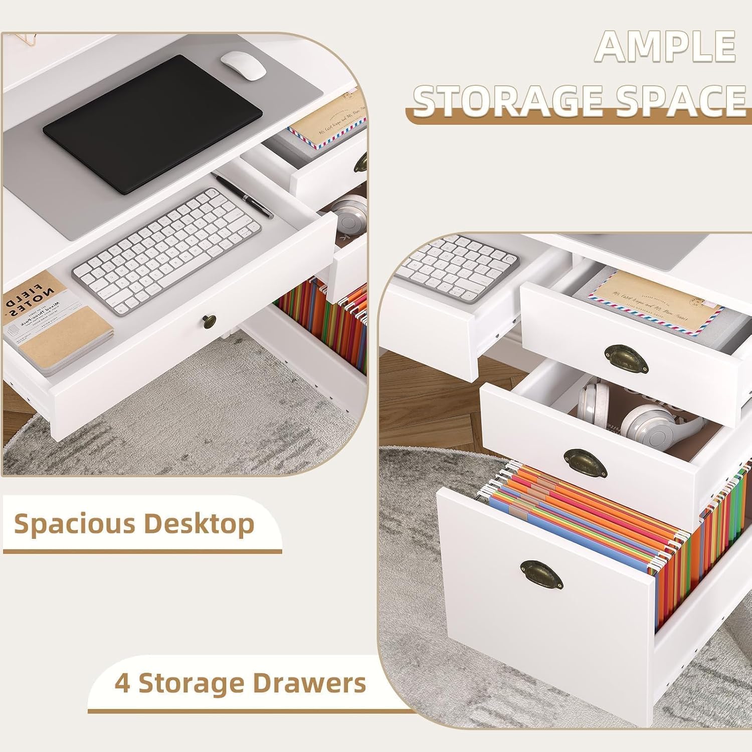 4 EVER WINNER White Desk with Drawers, 47'' Small Desk with File Drawer for Small Spaces, Wood Computer Desk with Monitor Stand for Home Office, Bedroom, White