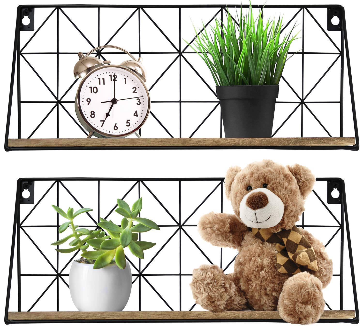 Greenco Geometric Mounted Floating, Home Decor, Metal Wire and Rustic Wood Wall Storage Shelves for Bedroom, Living Room, Bathroom, Kitchen, Office and More – Set of 2