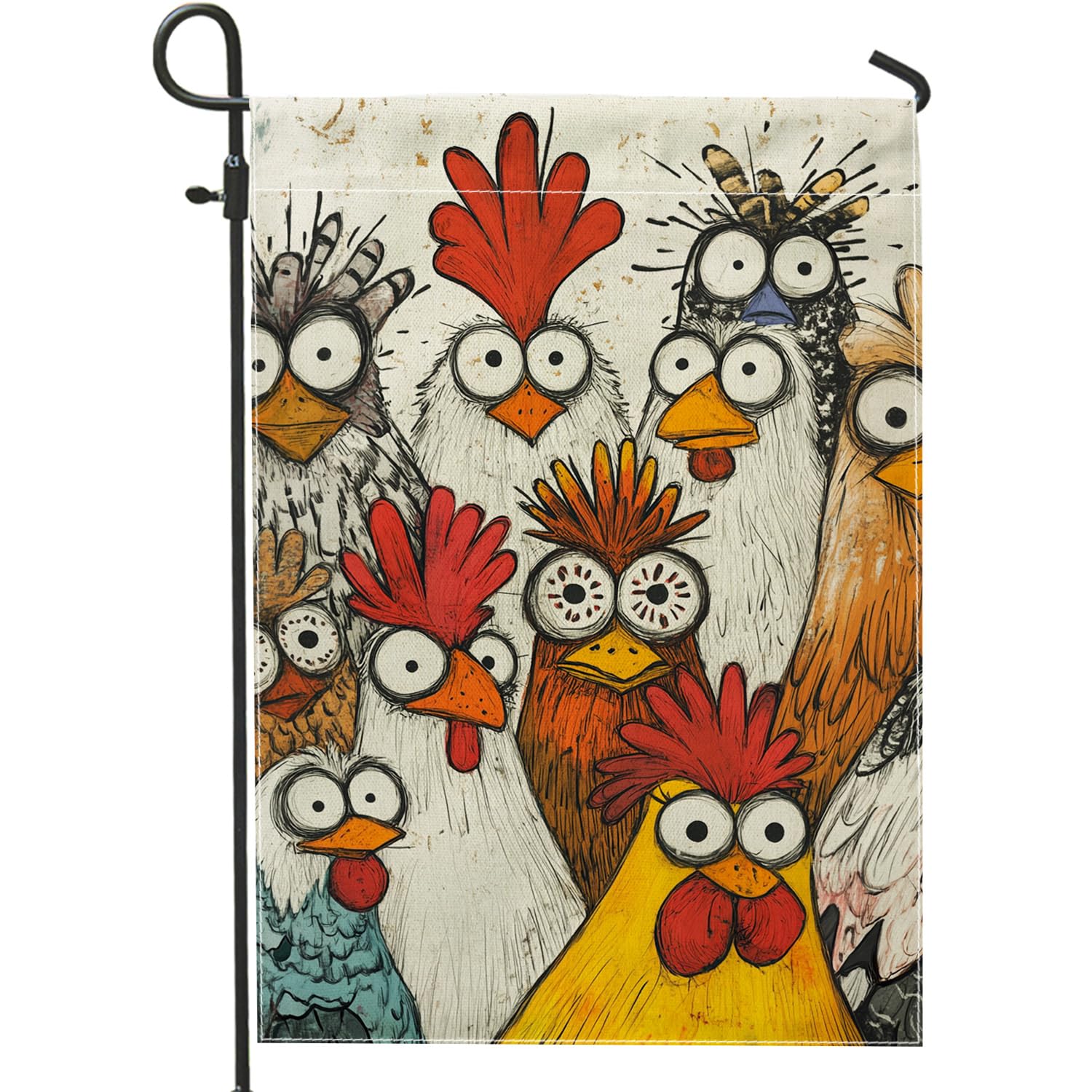 Colorful Chicken Garden Flag, Fanciful Cartoon Rooster Outdoor Decor Banner, Double-Sided Burlap Yard Flag Farmhouse Theme Lawn Decoration 12x18 Inch