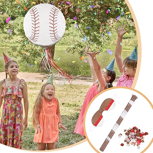 Miniatura 2 de Piñata de béisbol con bate con los ojos vendados para fiesta de cumpleaños, piñata de papel de softbol, bolas deportivas, confeti, béisbol,